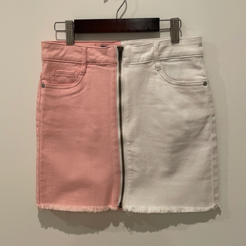 Pink and White Zip up denim skirt
